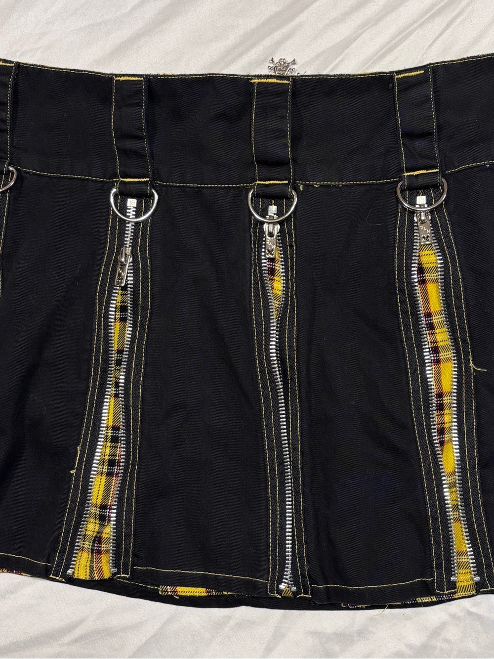 Tripp nyc Black Mini Skirt with Yellow Plaid Zip Panels